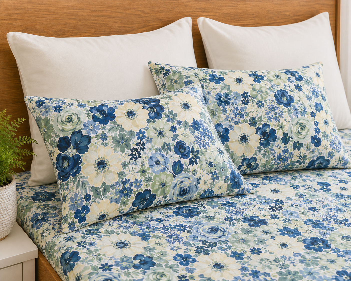 Close up of Whites of London NZ Gardenia 250TC GOTS certified organic cotton printed fitted sheet set