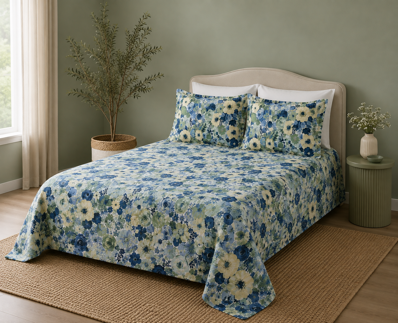 Full bed side angle view Whites of London NZ Organic Cotton Percale Printed Sheet Set Gardenia 250TC 