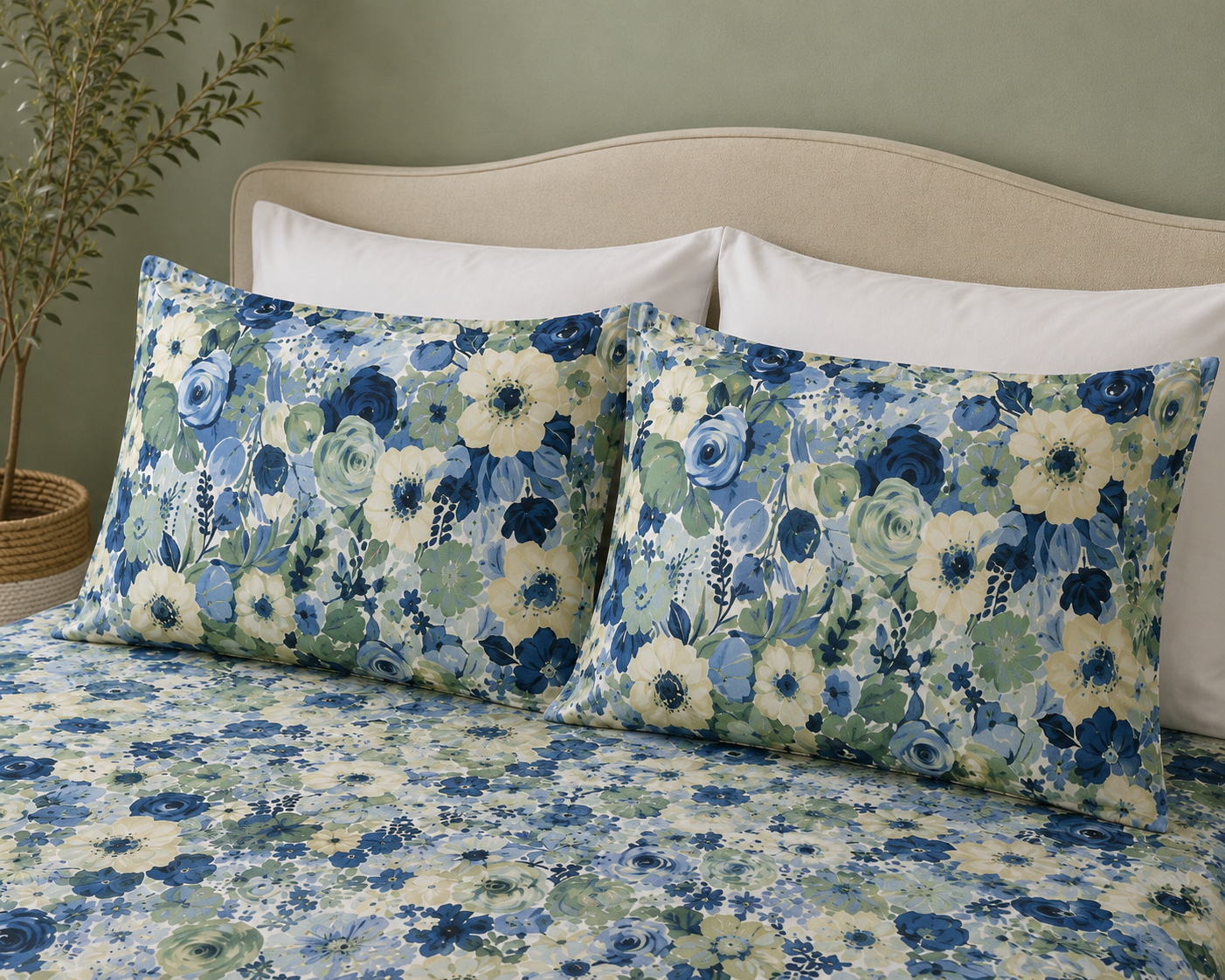 Pillowcase prints of Whites of London NZ Organic Cotton Percale Printed Sheet Set Gardenia 250TC 