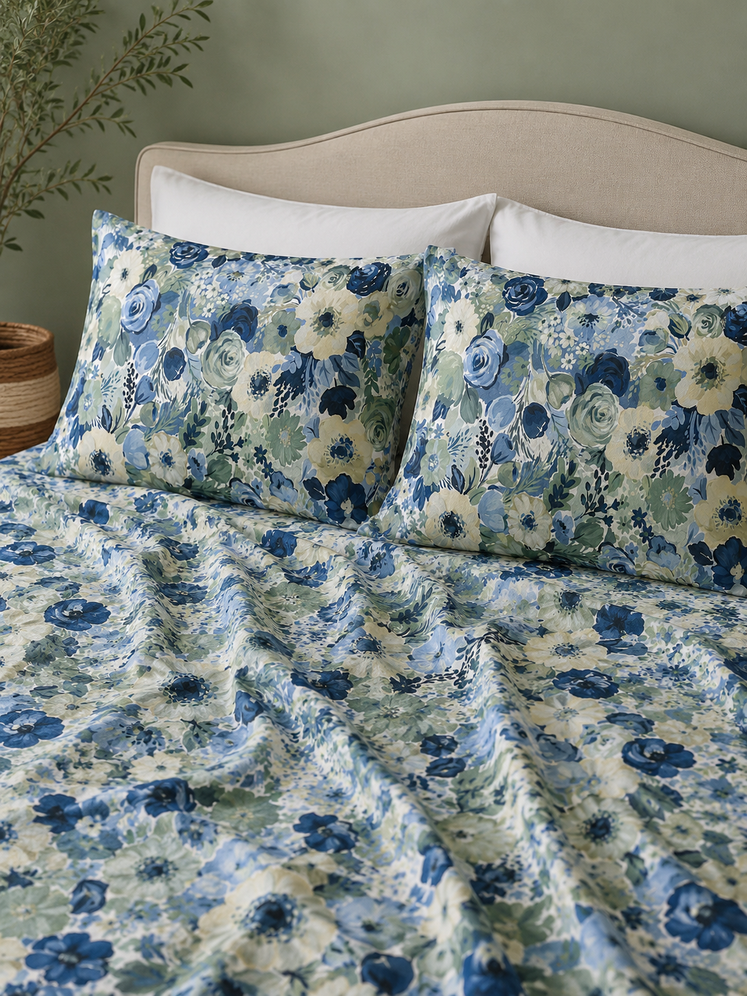 Right hand side view Whites of London NZ Organic Cotton Percale Printed Sheet Set Gardenia 250TC 