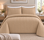 COTTON QUILTED HERRINGBONE BEDSPREAD SET - GOLD