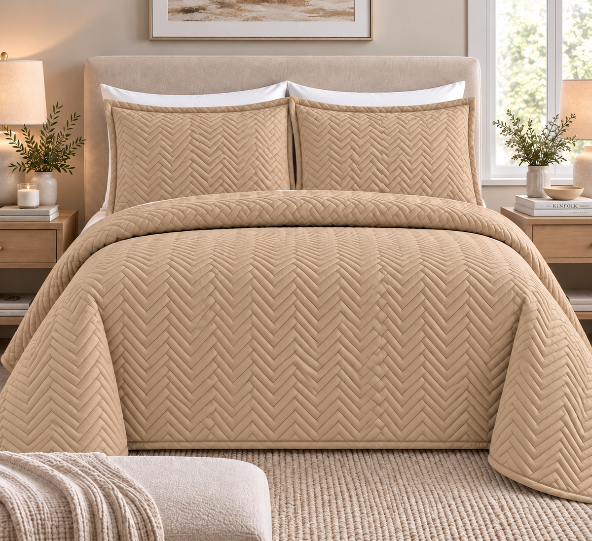 COTTON QUILTED HERRINGBONE BEDSPREAD SET - GOLD