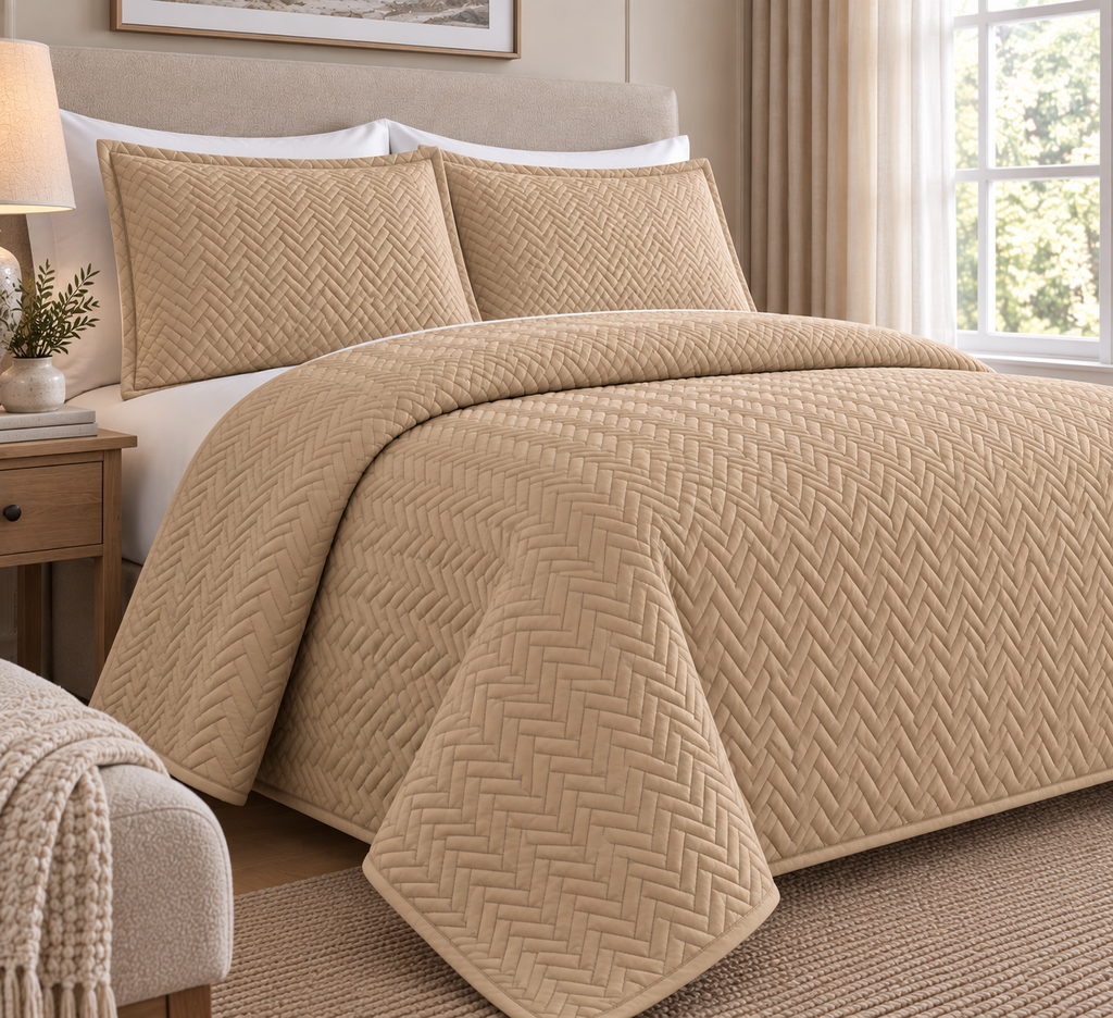 COTTON QUILTED HERRINGBONE BEDSPREAD SET - GOLD