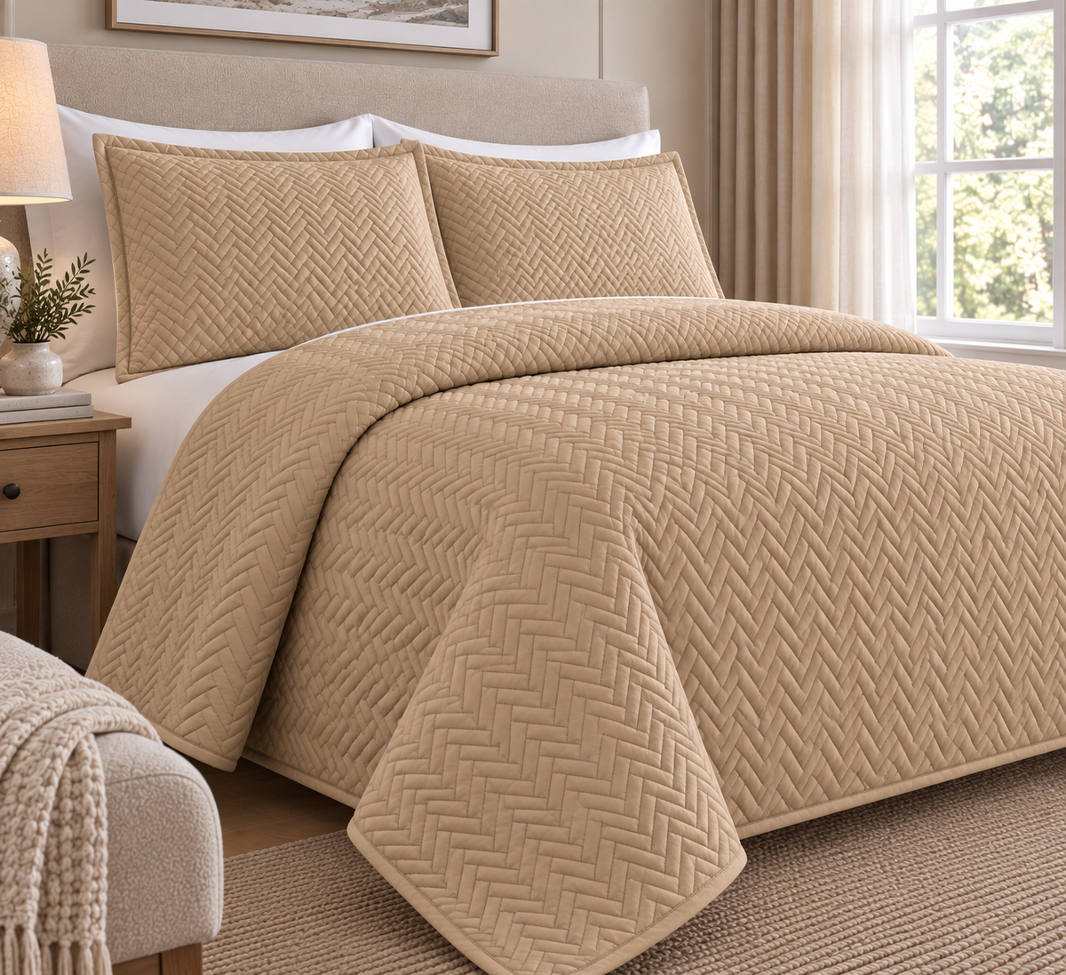 COTTON QUILTED HERRINGBONE BEDSPREAD SET - GOLD