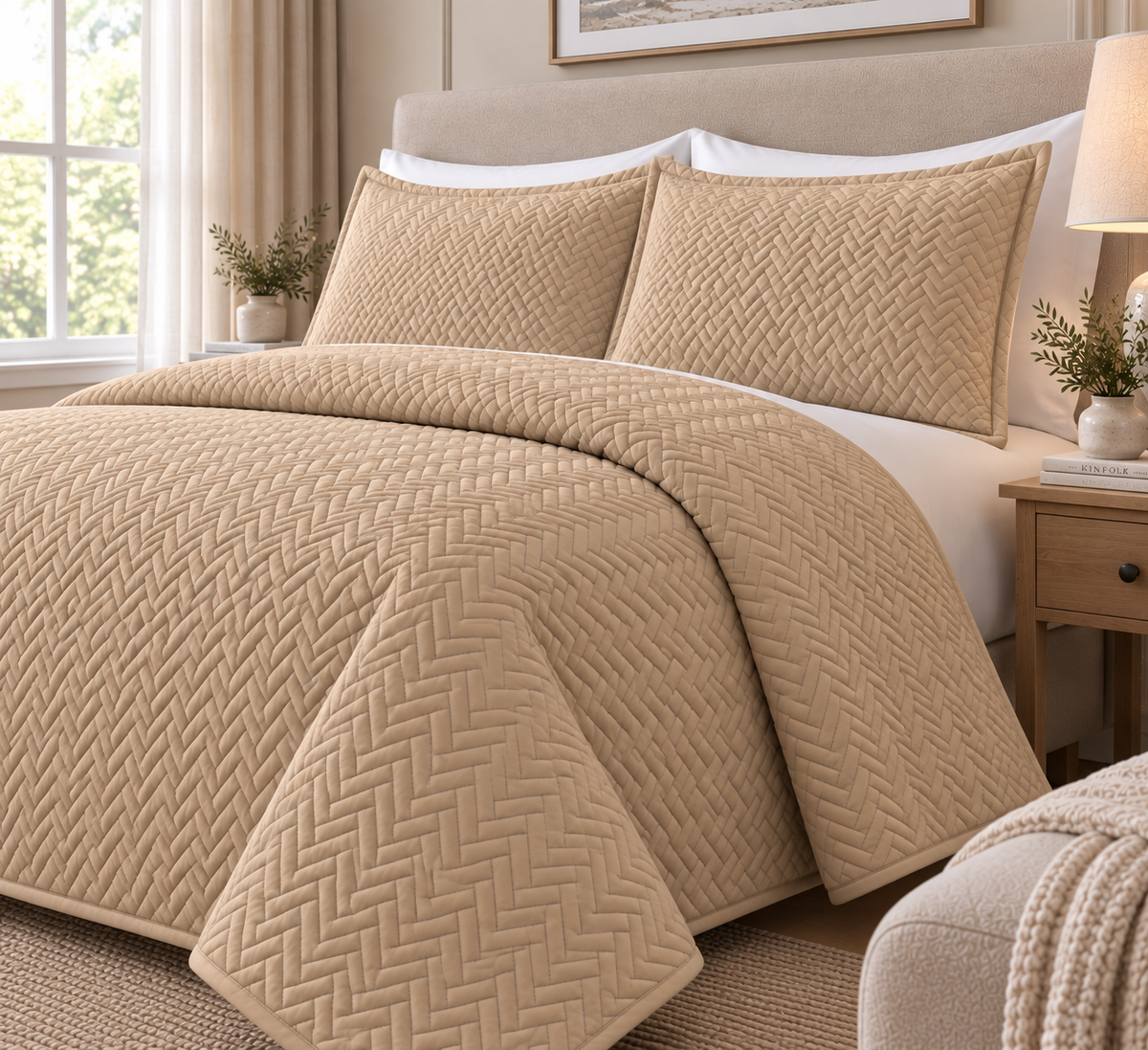 COTTON QUILTED HERRINGBONE BEDSPREAD SET - GOLD