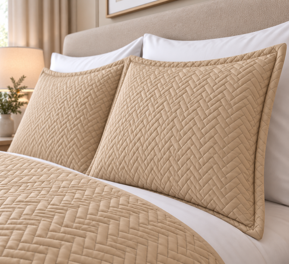 COTTON QUILTED HERRINGBONE BEDSPREAD SET - GOLD