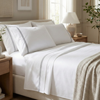 250 TC WHITE ORGANIC COTTON EMBROIDERED SHEET SET - GREYSTONE ON WHITE
