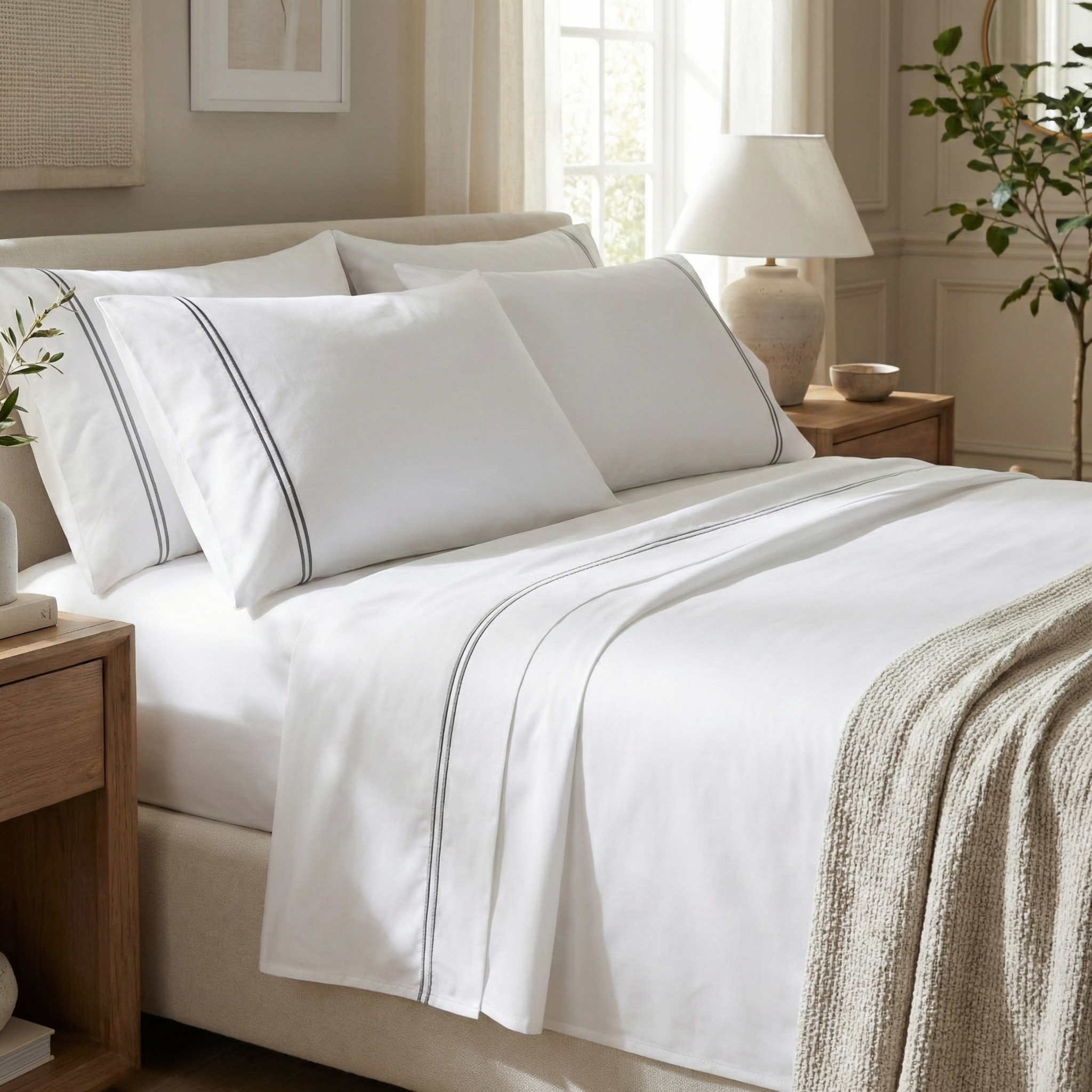 250 TC WHITE ORGANIC COTTON EMBROIDERED SHEET SET - GREYSTONE ON WHITE