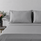 Whites of London 250TC GOTS certified Organic Cotton Coloured Sheet Set Greystone – tonal double embroidered stripe detail showcased on bed
