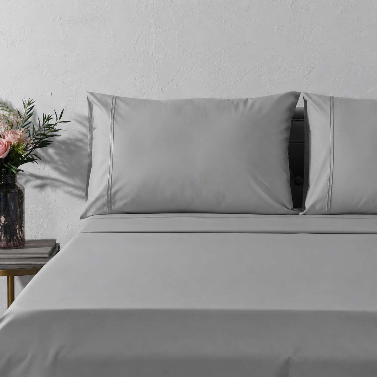 Whites of London 250TC GOTS certified Organic Cotton Coloured Sheet Set Greystone – tonal double embroidered stripe detail showcased on bed