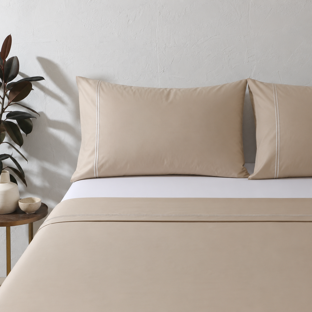 Whites of London 250TC GOTS certified Organic Cotton Coloured Sheet Set Hummus – white embroidered trim luxury bed linen NZ with Organic fitted sheet styled