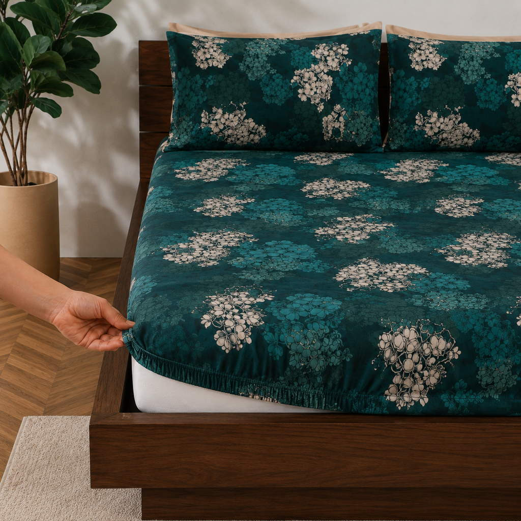 ORGANIC COTTON PRINTED FITTED SHEET SET - HYDRANGEA 250TC