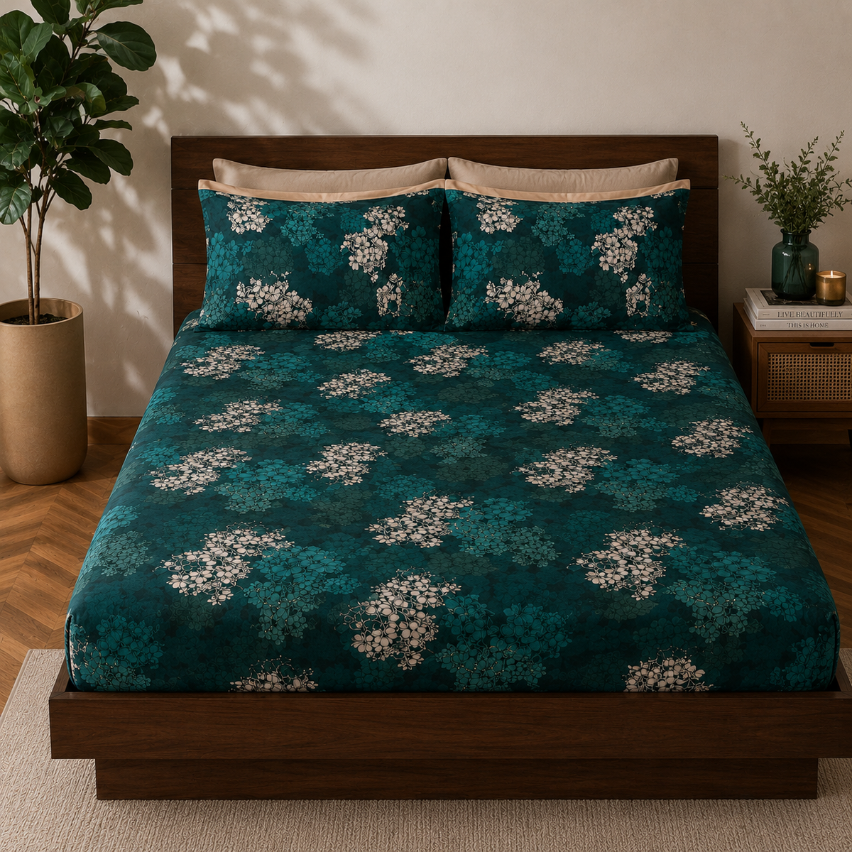 ORGANIC COTTON PERCALE PRINTED SHEET SET - HYDRANGEA 250TC