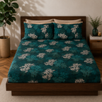 FULL BED VIEW ORGANIC COTTON PRINTED FITTED SHEET SET - HYDRANGEA 250TC