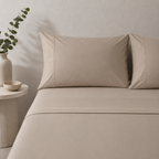 Whites of London 250TC GOTS certified Organic Cotton Coloured Sheet Set Dune – with embroidered trim luxury bed linen NZ