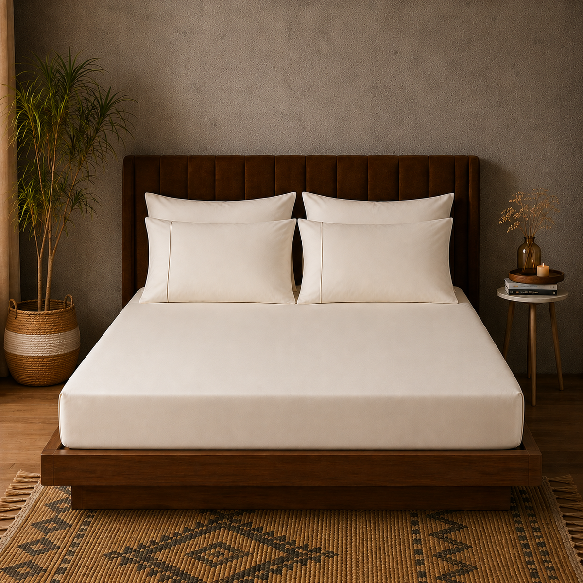 full bed view of BAMBOO COTTON EMBROIDERED FITTED SHEET SET - IVORY  375TC