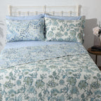Lifestyle wide shot of bedroom with Jacobean Windflower Percale Reversible Quilt Set styled with pillows and décor, Whites of London