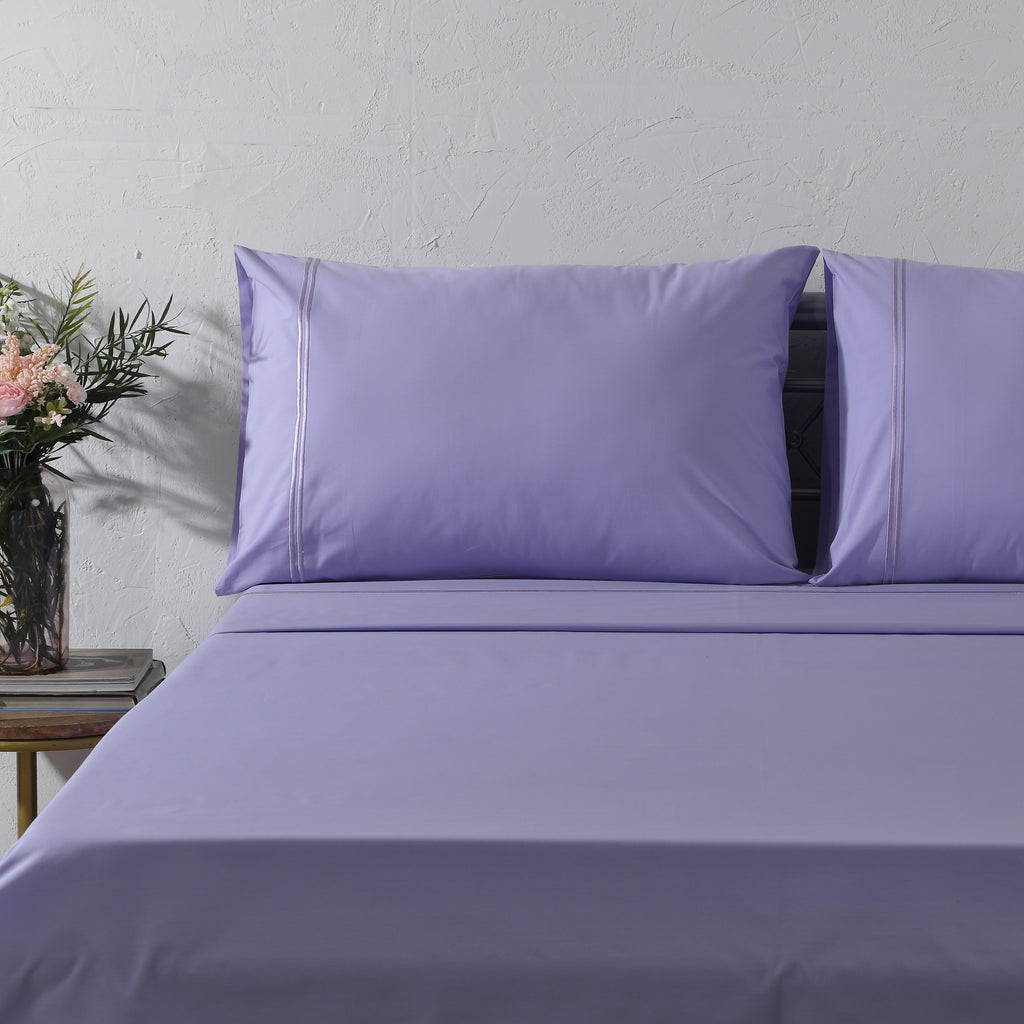 250 TC ORGANIC COLOURED EMBROIDERED SHEET SET - LAVENDER MIST