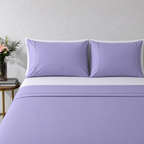 Lavender mist 250TC GOTS certified organic cotton sheet set. Styled with white organic GOTS certified cotton fitted sheet. 