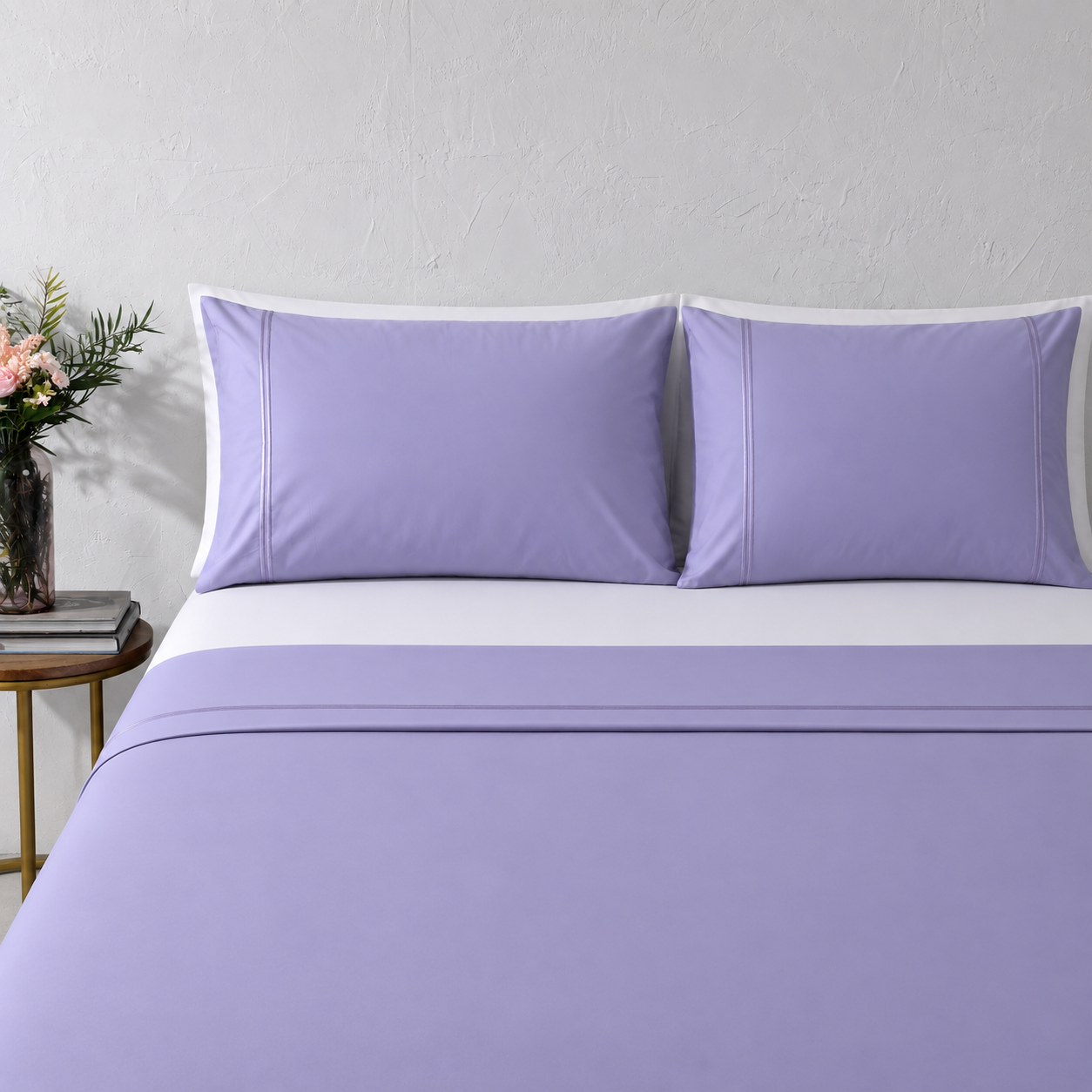 Lavender mist 250TC GOTS certified organic cotton sheet set. Styled with white organic GOTS certified cotton fitted sheet. 