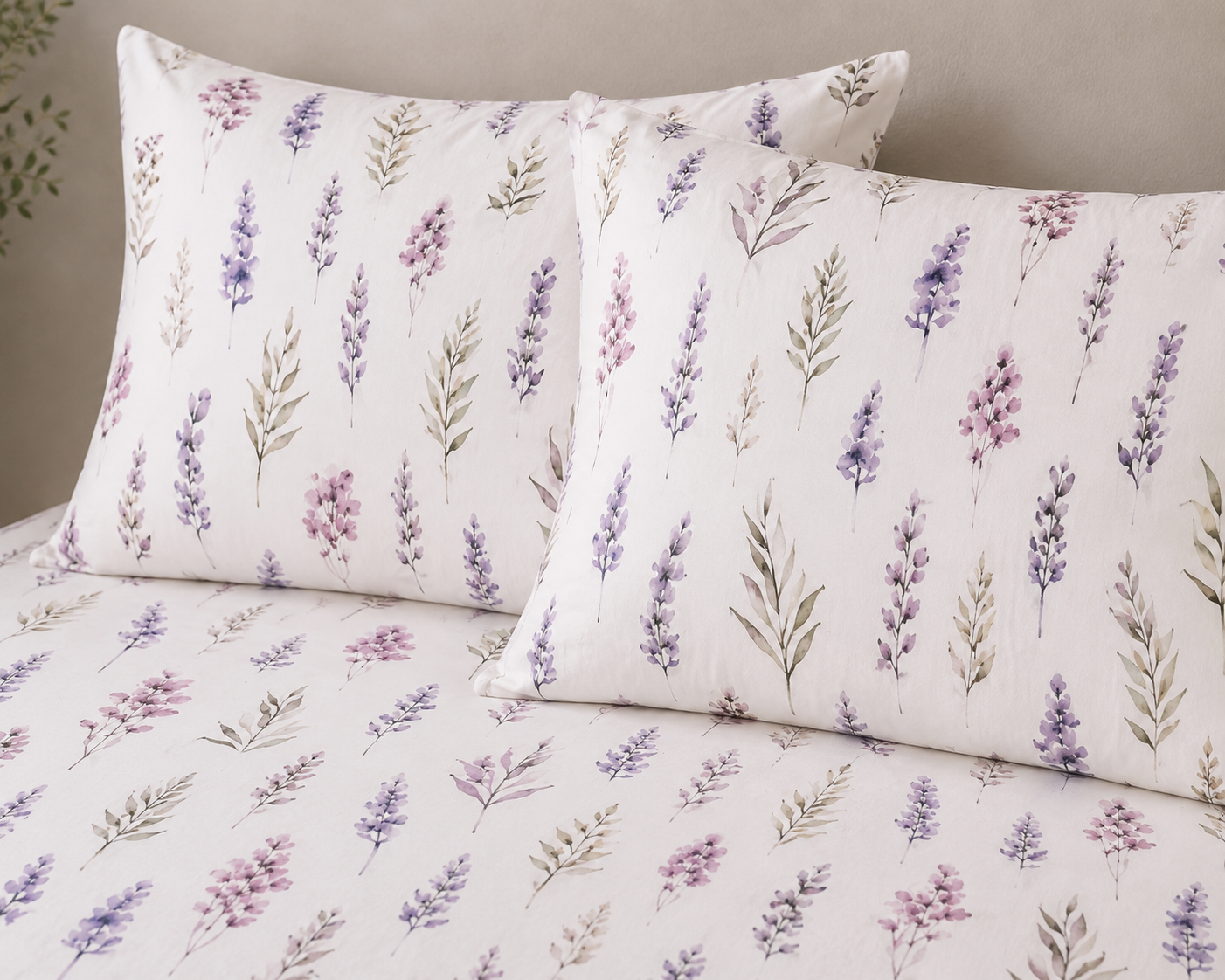 Styled Pillows with fitted sheet Whites of London NZ Lavender Blush GOTS certified Organic Cotton Printed Fitted Sheet Set 250TC 