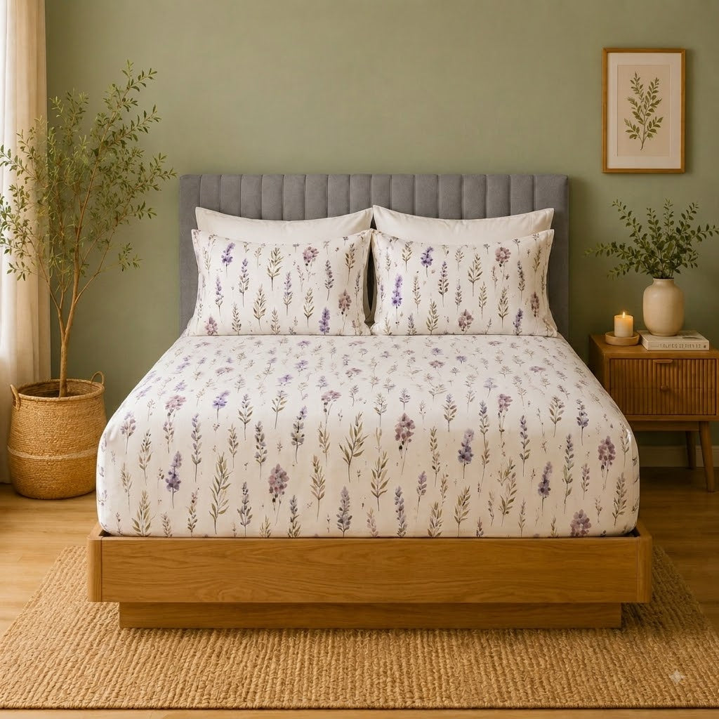 Full bed view of Whites of London NZ Lavender Blush GOTS certified Organic Cotton Printed Fitted Sheet Set 250TC 
