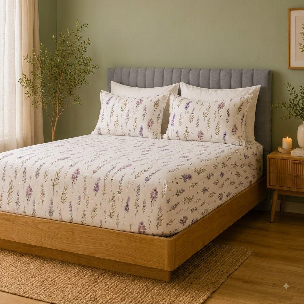 Side view Whites of London NZ Lavender Blush GOTS certified Organic Cotton Printed Fitted Sheet Set 250TC 