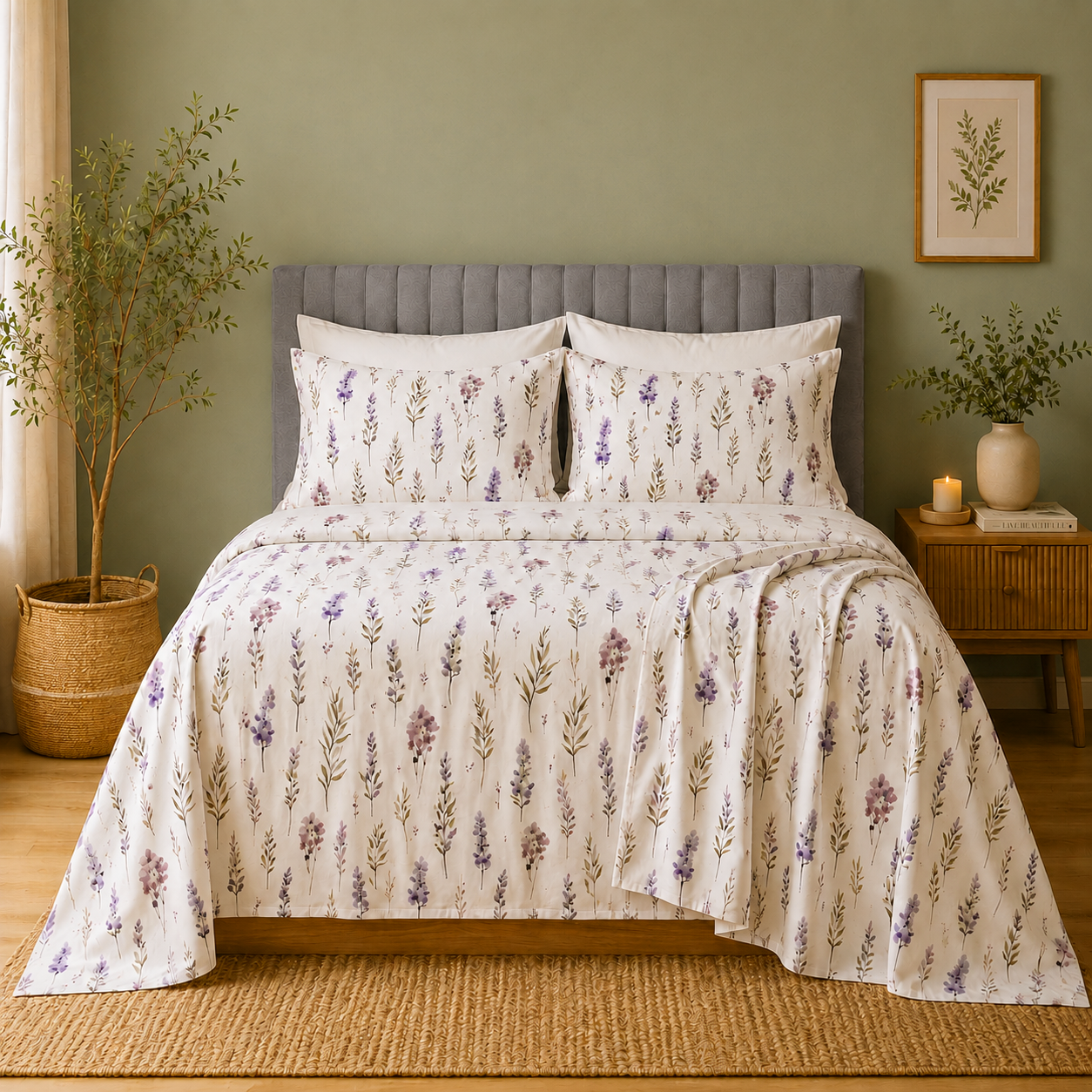 Full bed display Whites of London NZ Lavender Blush GOTS certified Organic Cotton percale Printed Sheet Set 250TC 