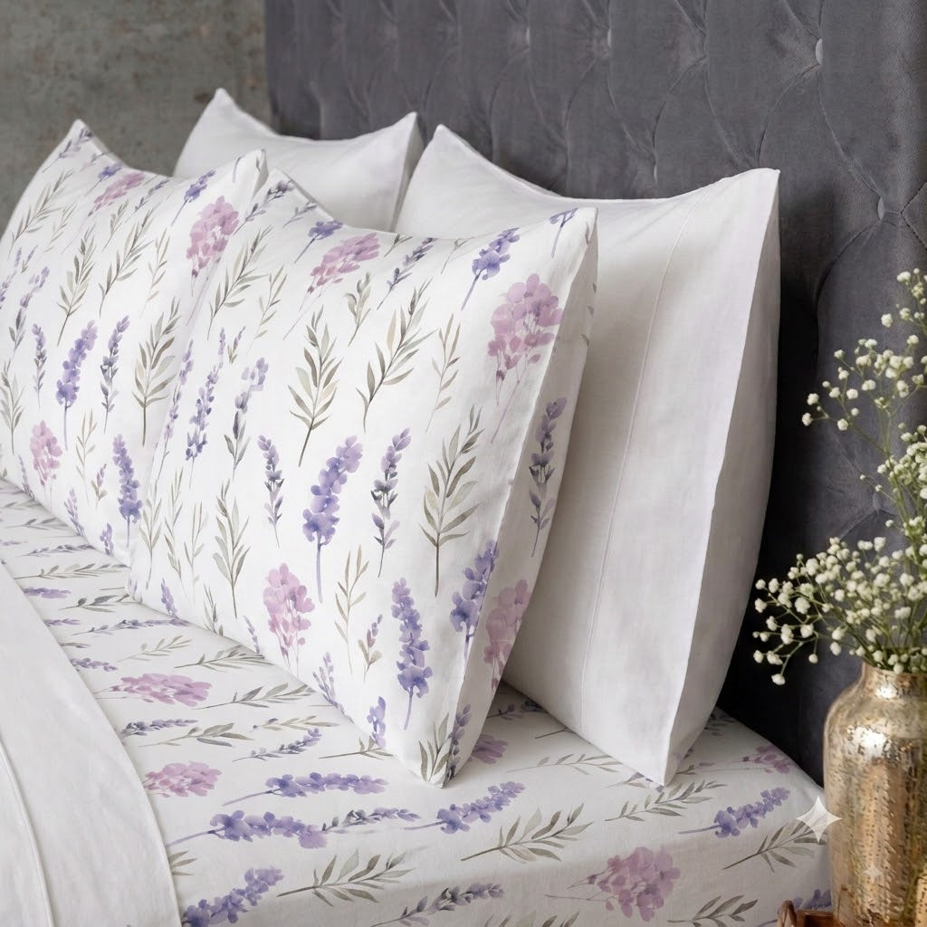 Matching pillowcases of Whites of London NZ Lavender Blush GOTS certified Organic Cotton percale Printed Sheet Set 250TC 