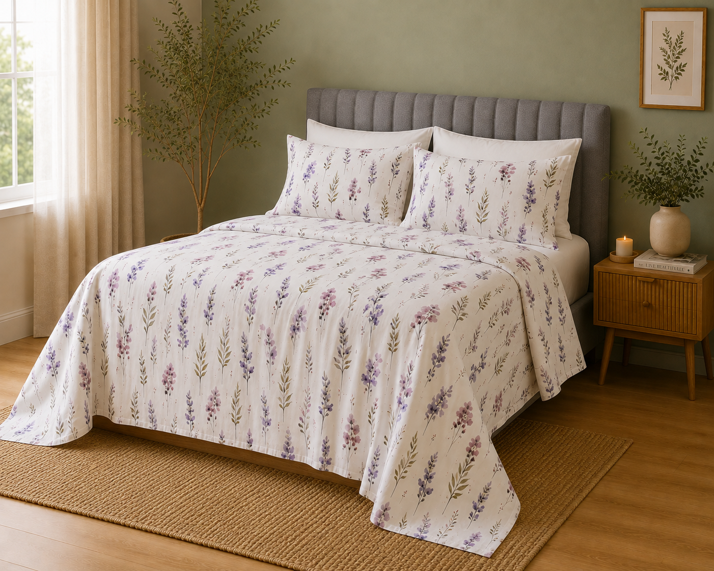 side view layout , Whites of London NZ Lavender Blush GOTS certified Organic Cotton percale Printed Sheet Set 250TC 