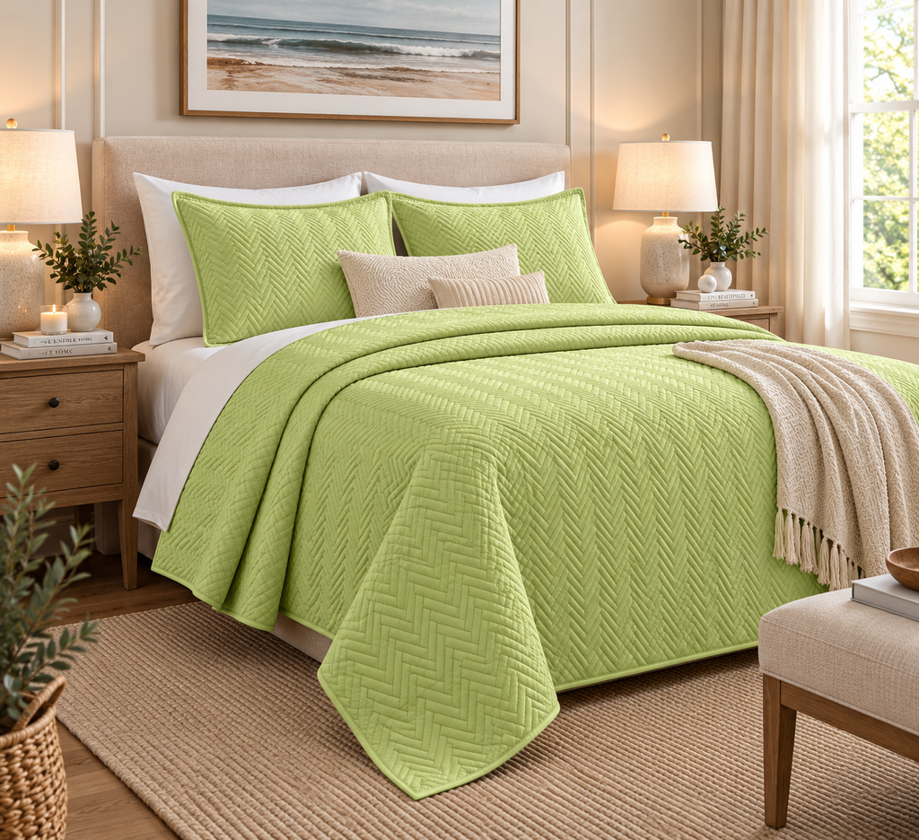 LEFT HAND VIEW OF COTTON QUILTED HERRINGBONE BEDSPREAD SET - LIME