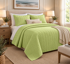 LEFT HAND VIEW OF COTTON QUILTED HERRINGBONE BEDSPREAD SET - LIME