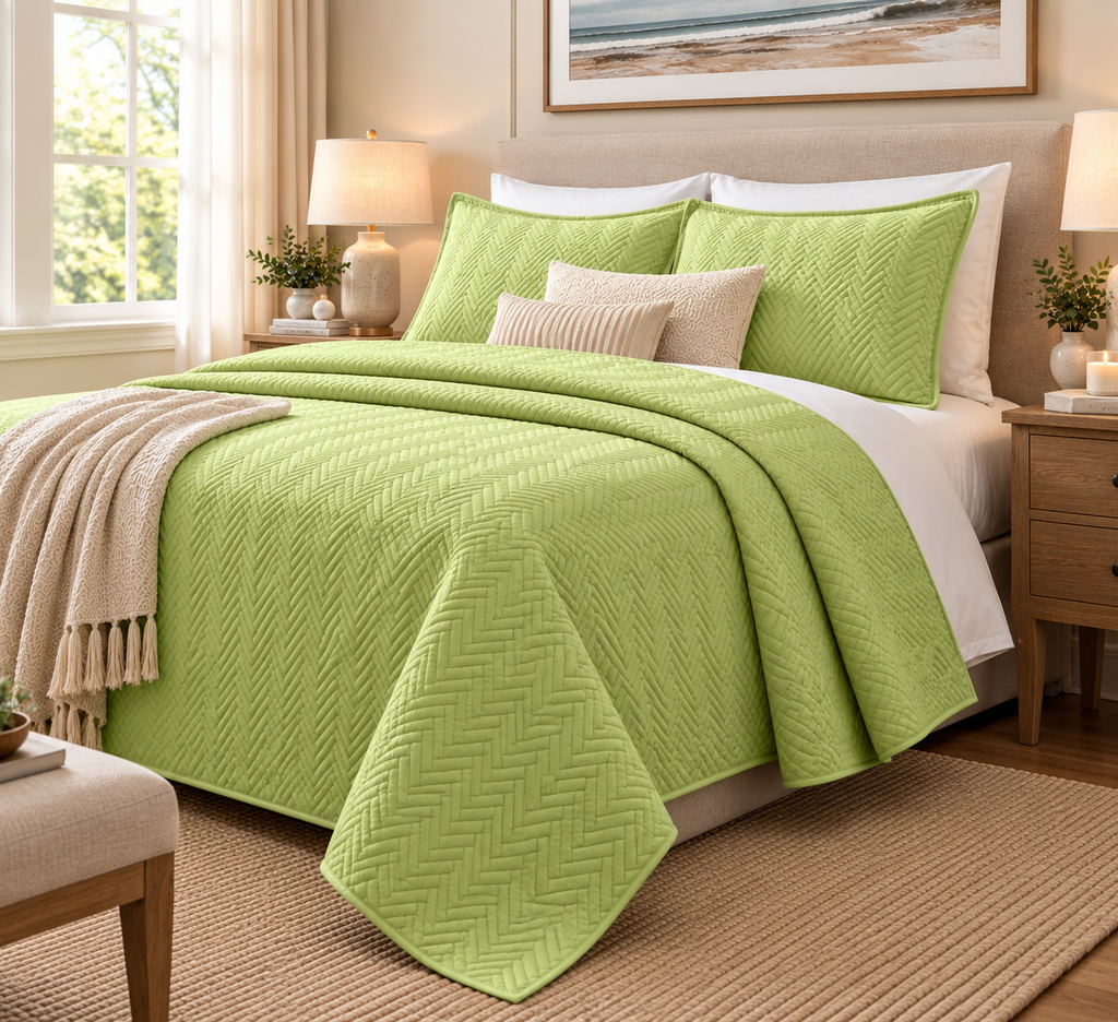 COTTON QUILTED HERRINGBONE BEDSPREAD SET - LIME  RIGHT HAND VIEW 