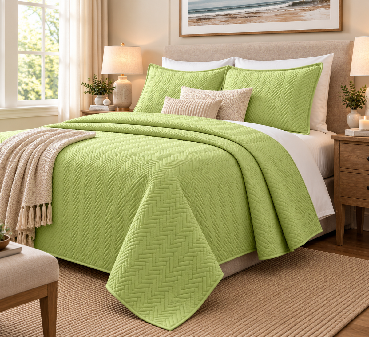 COTTON QUILTED HERRINGBONE BEDSPREAD SET - LIME  RIGHT HAND VIEW 