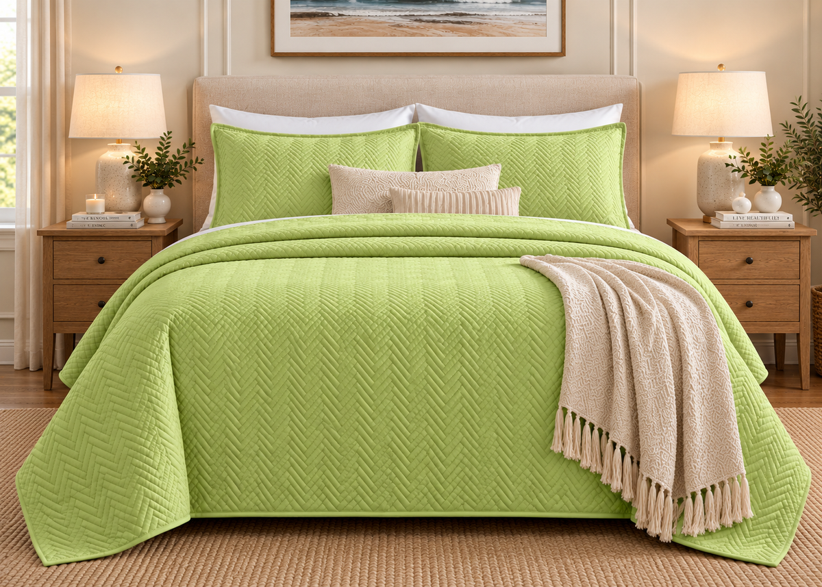 COTTON QUILTED HERRINGBONE BEDSPREAD SET - LIME FRONT VIEW 