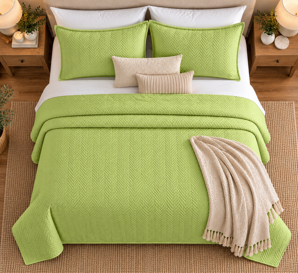 COTTON QUILTED HERRINGBONE BEDSPREAD SET - LIME TOP VIEW 
