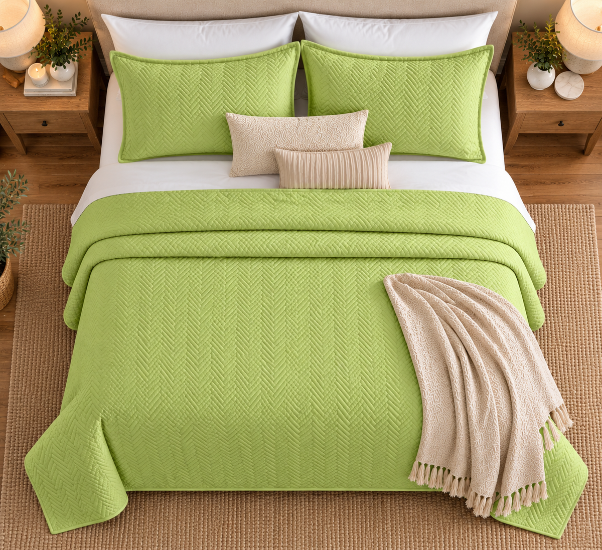 COTTON QUILTED HERRINGBONE BEDSPREAD SET - LIME TOP VIEW 
