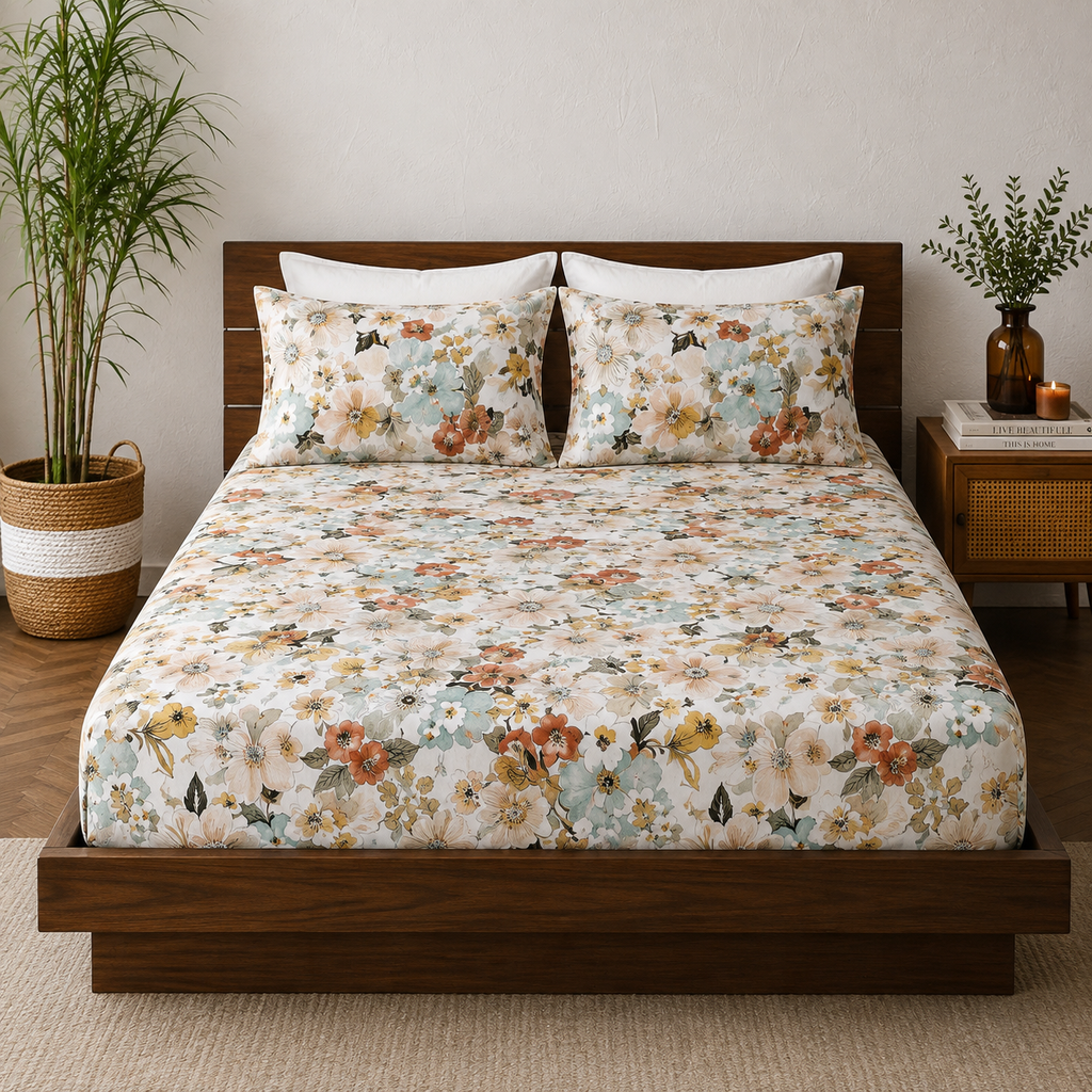 full bed view of BAMBOO COTTON PRINTED FITTED SHEET SET - MEADOW MIST 375TC