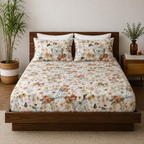full bed view of BAMBOO COTTON PRINTED FITTED SHEET SET - MEADOW MIST 375TC