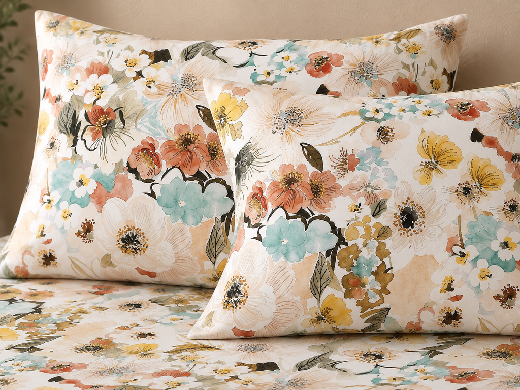 matching pillowcases of BAMBOO COTTON PRINTED FITTED SHEET SET - MEADOW MIST 375TC