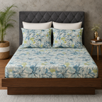 full bed view of ORGANIC COTTON PRINTED FITTED SHEET SET - MEANDERING BLOSSOMS 250TC