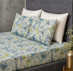 matching pillowcases styled ORGANIC COTTON PRINTED FITTED SHEET SET - MEANDERING BLOSSOMS 250TC