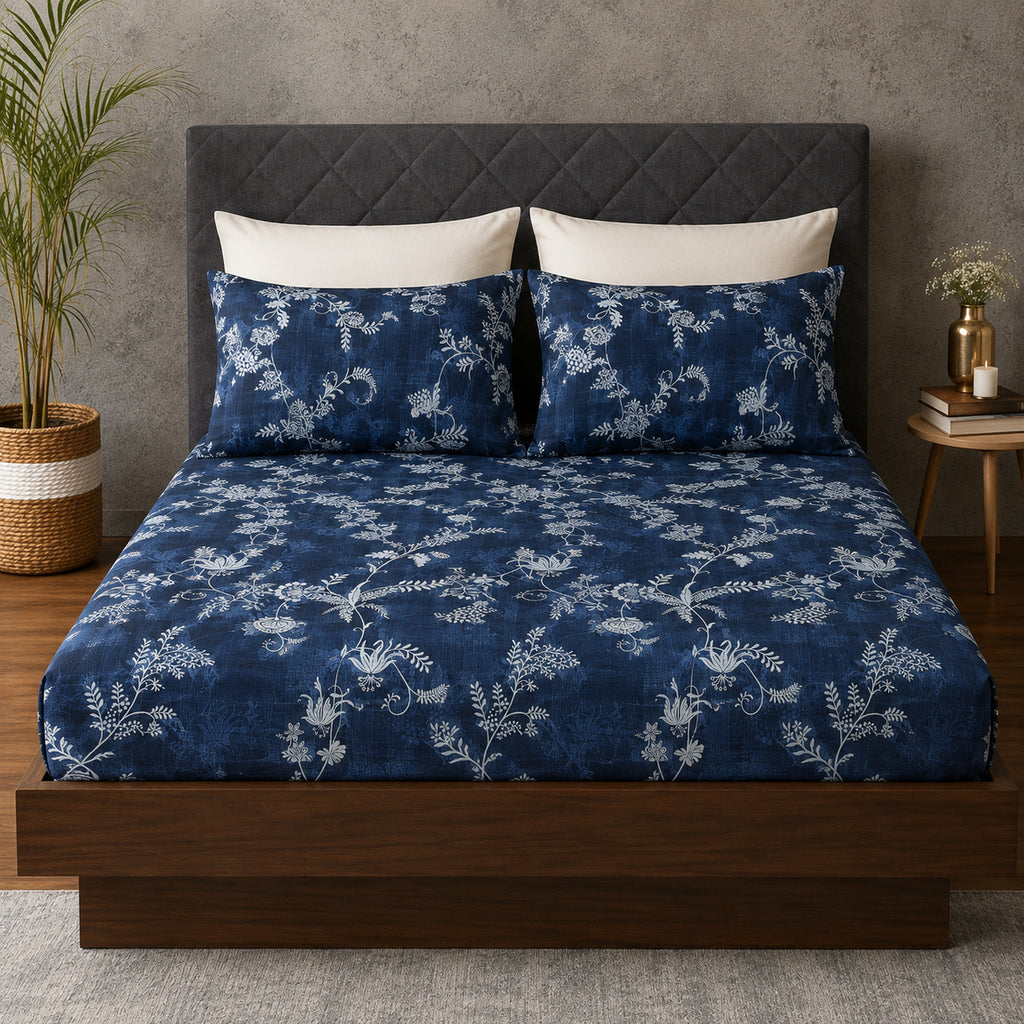 FULL BED VIEW OF ORGANIC COTTON PRINTED FITTED SHEET SET - MIDNIGHT FOREST 250TC