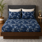 FULL BED VIEW OF ORGANIC COTTON PRINTED FITTED SHEET SET - MIDNIGHT FOREST 250TC