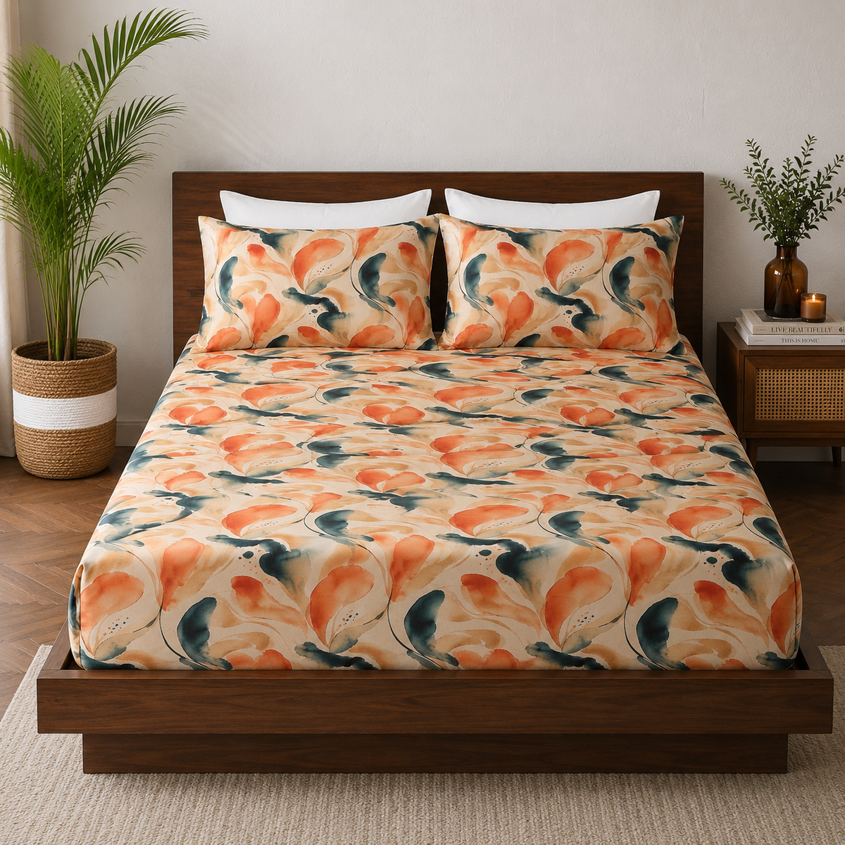 full bed view of BAMBOO COTTON PRINTED FITTED SHEET SET - MIRAGE 375TC