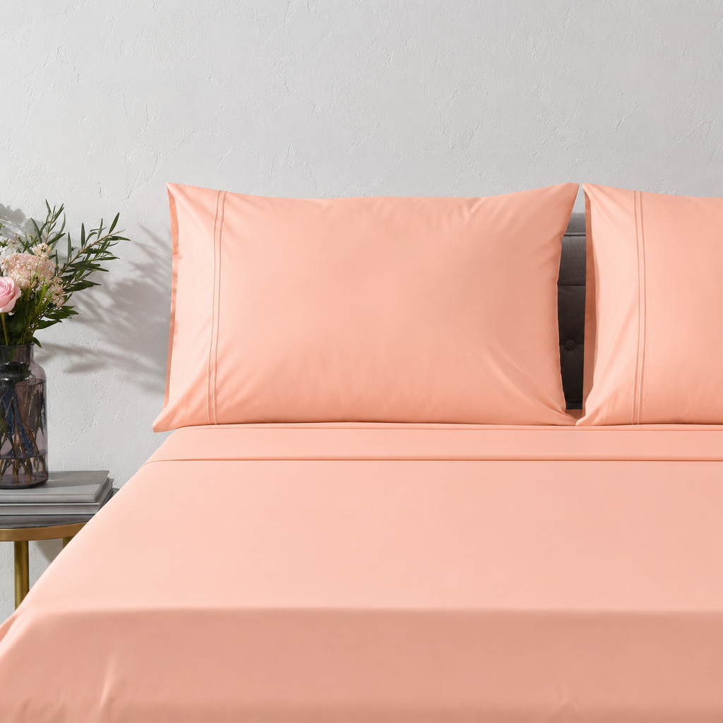 Peach Nectar 250TC organic cotton GOTS certified styled with matching pillowcase