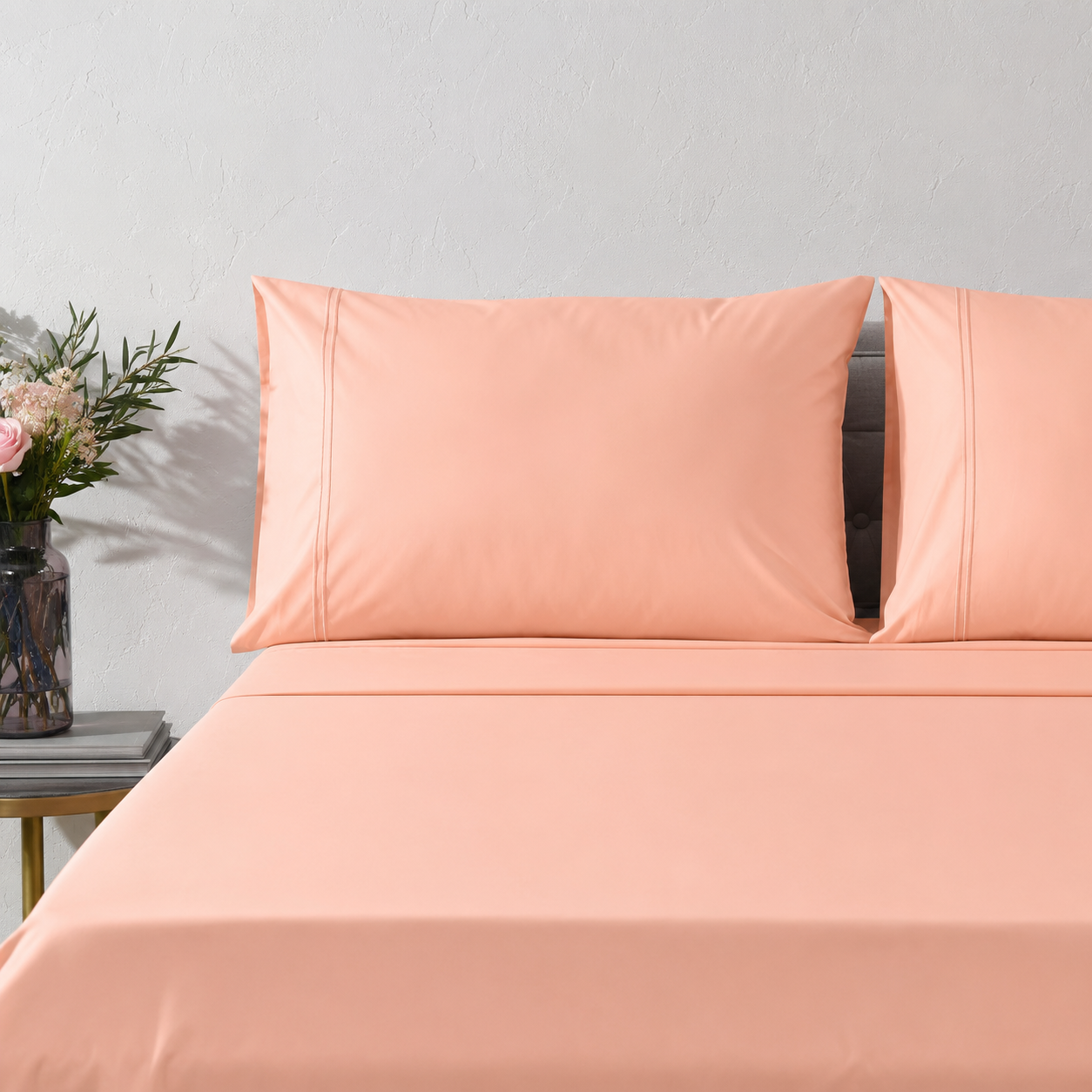 Peach Nectar 250TC organic cotton GOTS certified styled with matching pillowcase