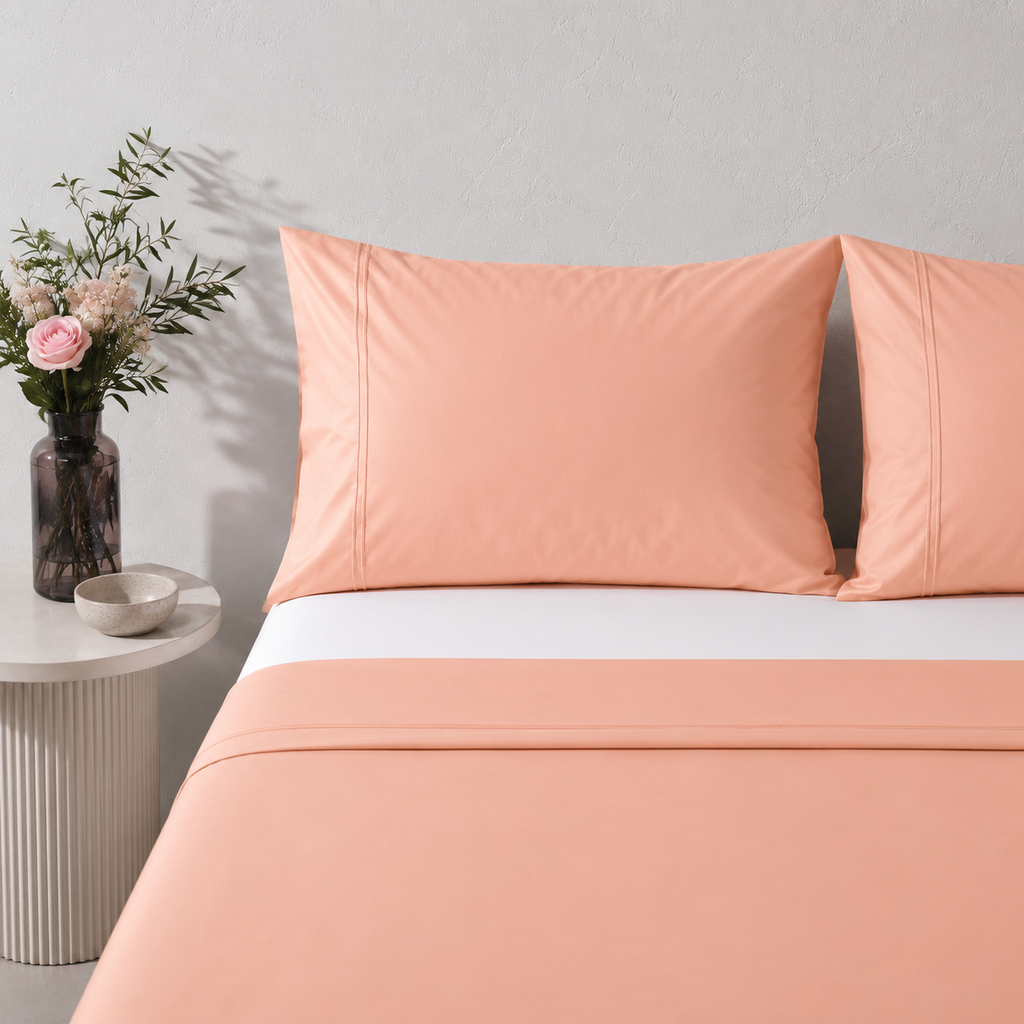 A neatly made bed with peach-colored 250TC organic cotton sheet and two matching pillowcases, styled in a minimalist bedroom setting with a small side table and flowers. with 250TC organic fitted sheet