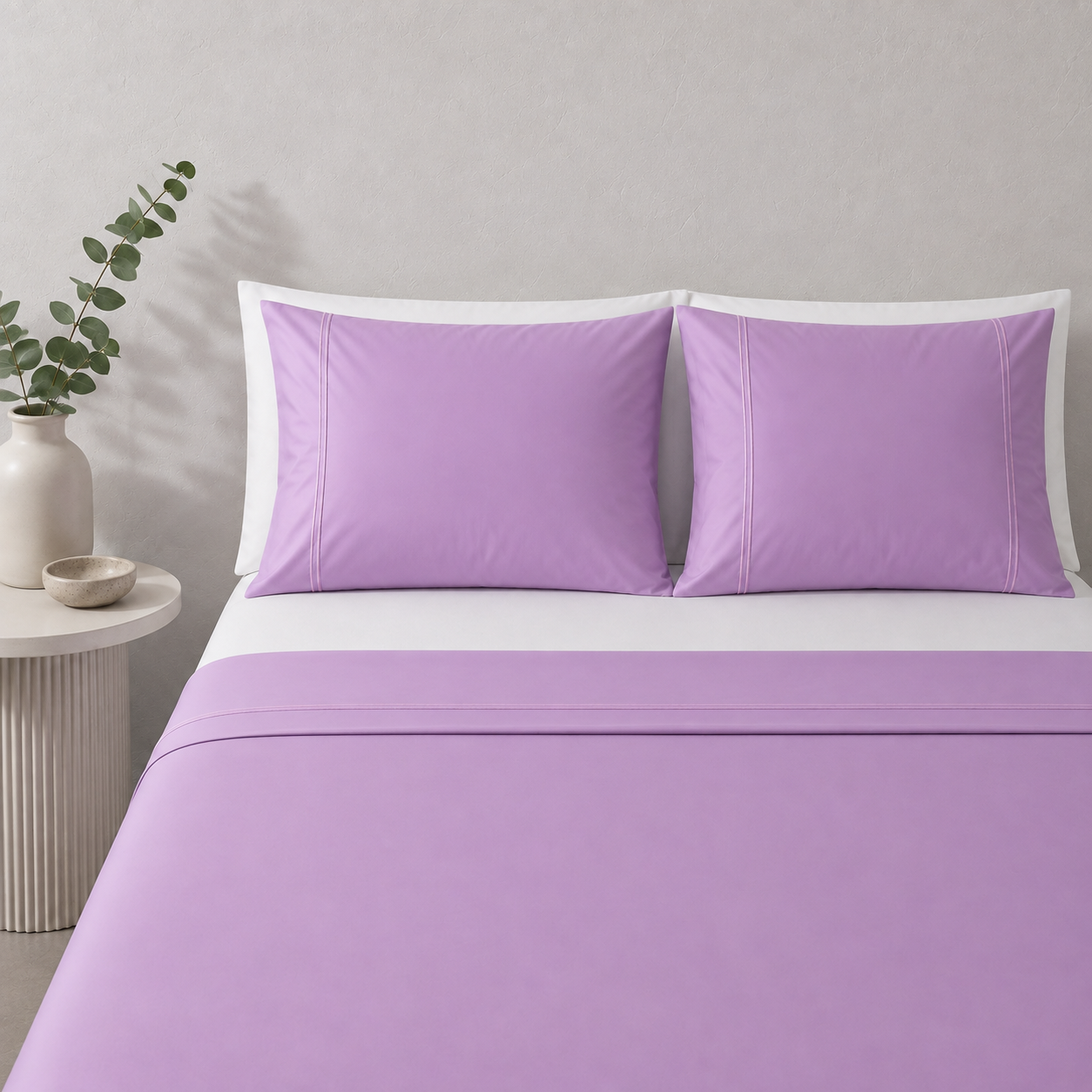 Orchid 250TC GOTS certified organic cotton sheet set. Styled with white organic GOTS certified cotton fitted sheet. 