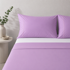 Whites of London 250TC GOTS certified Organic Cotton Coloured Sheet Set – Orchid – tonal lilac double embroidered stripe detail styled with 250TC white Organic cotton fitted sheet 